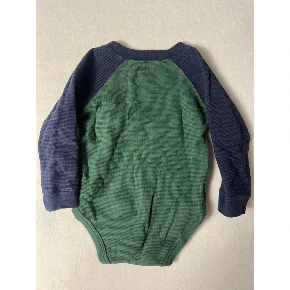 OshKosh B'gosh Bodysuit Baby 18M Green Blue Thermal Dump Truck Raglan LS